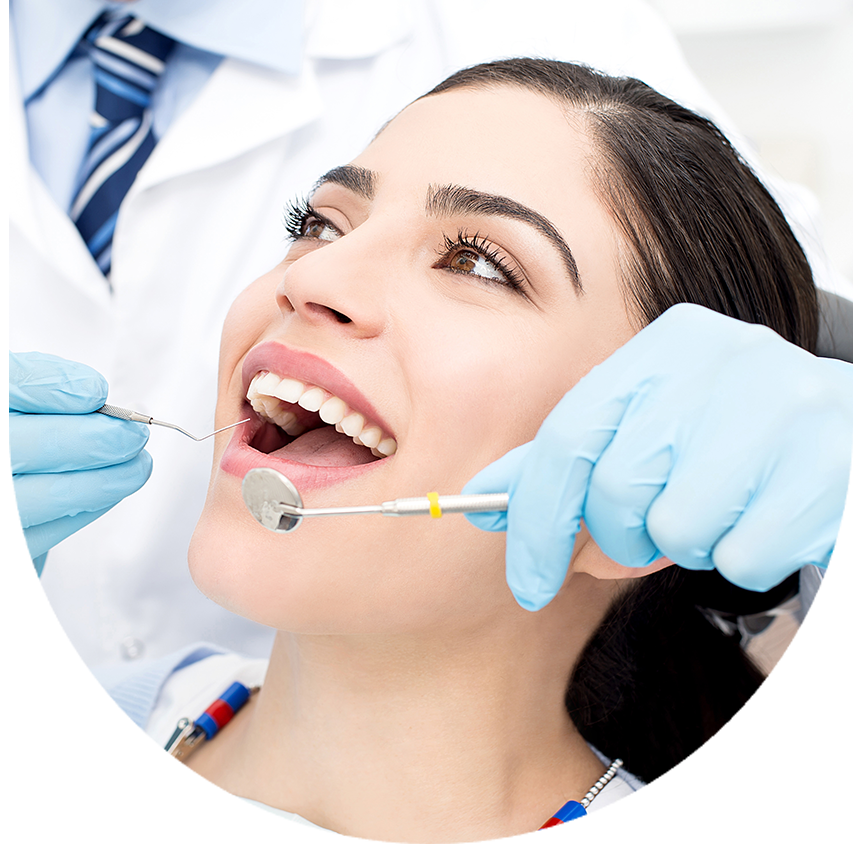 The image shows two photographs side by side on the left, a woman with a big smile is receiving dental care from a dentist wearing blue gloves on the right, the same woman is shown after having her teeth straightened, smiling confidently at the camera.
